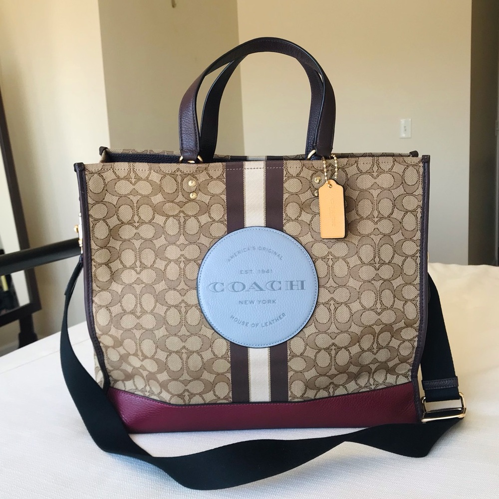 Coach Tote with Light Blue Logo Patch and Burgundy Base